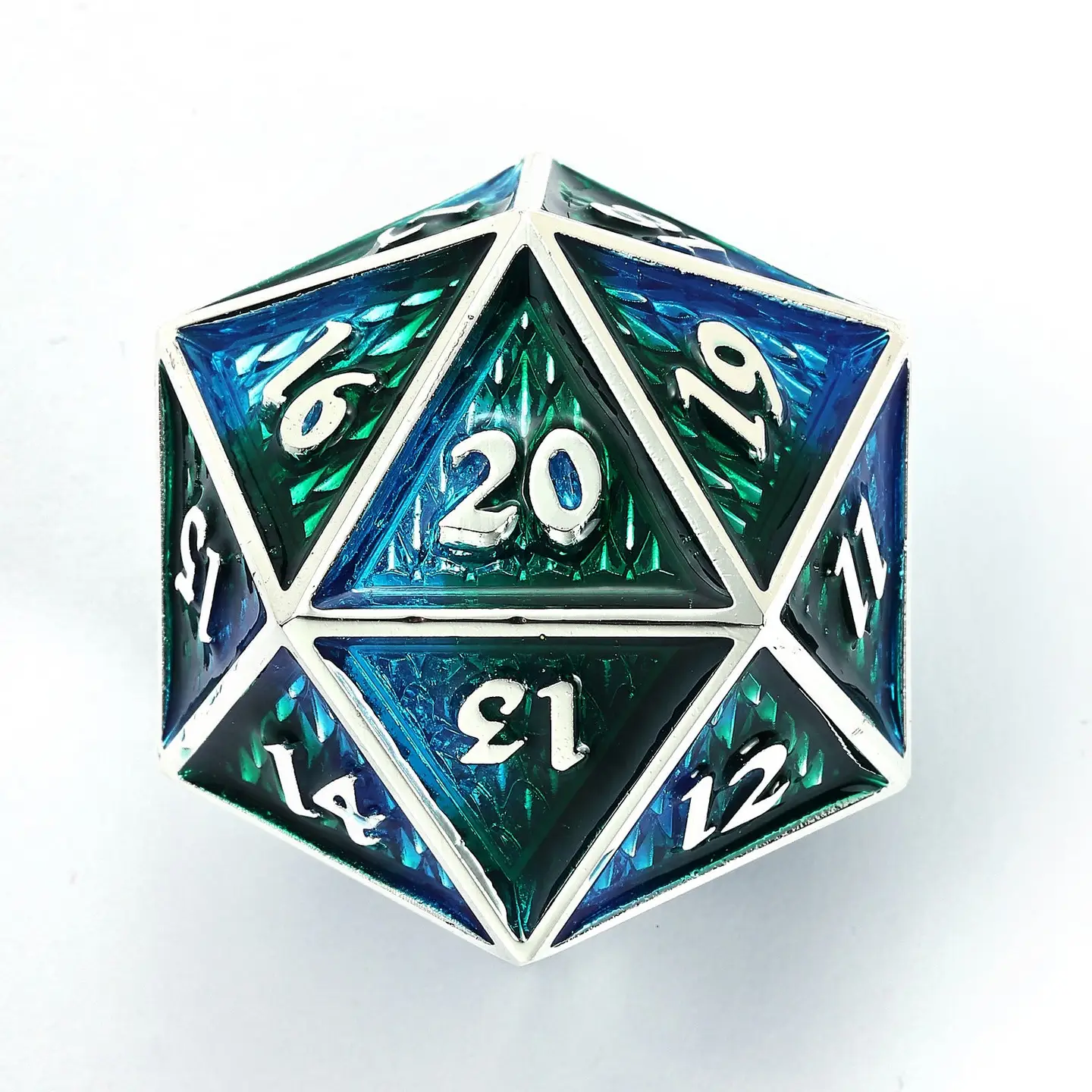 45mm Metal Behemoth Spindown D20 - Silver with Blue & Green