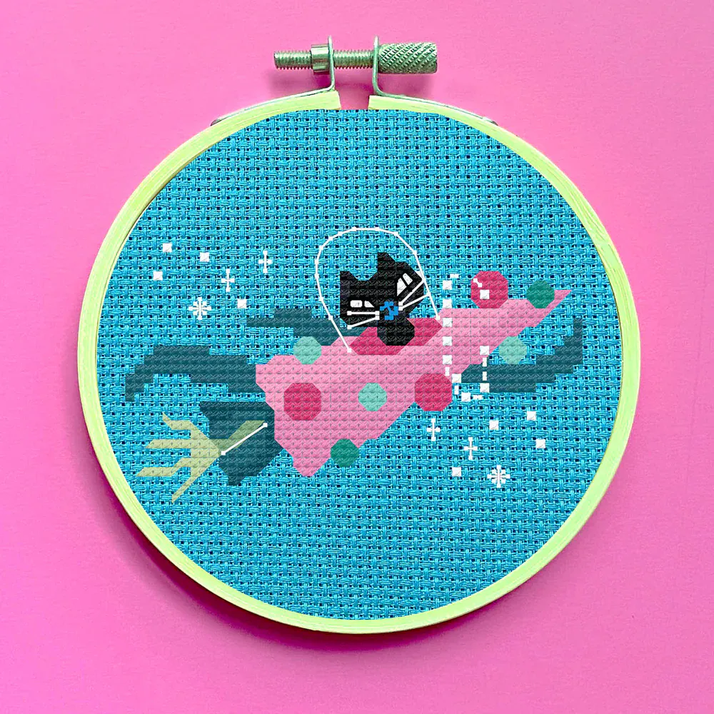Cross Stitch Diy Kit - Rocket Kitty By Fluff